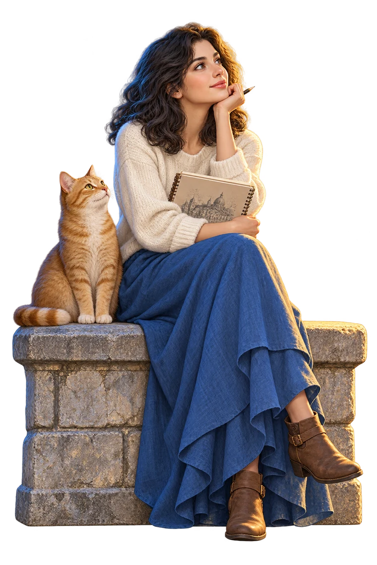 女孩与猫坐在一起,构思新的作品